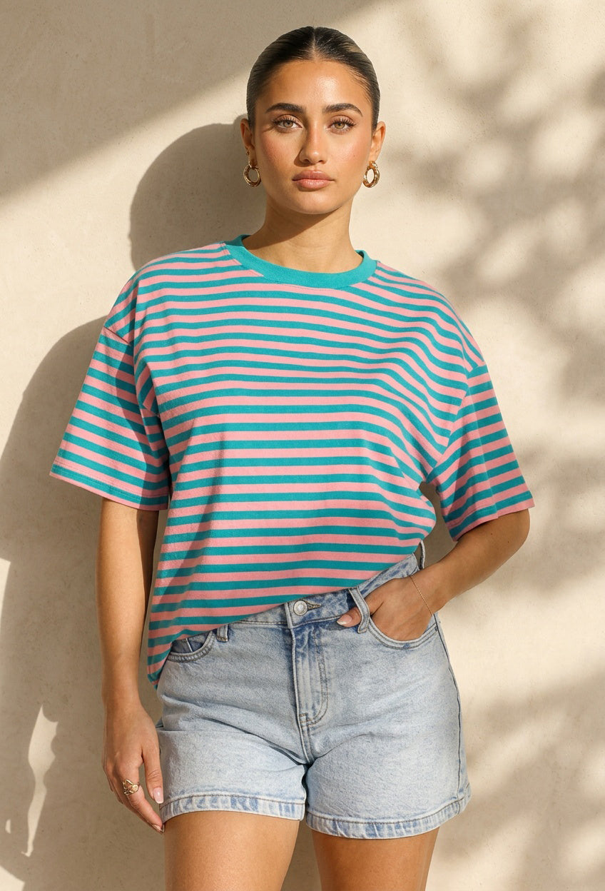 Roze Turquoise Gestreept T-shirt met Korte Mouwen en Ronde Hals