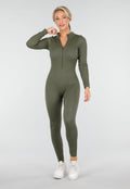 Groene Rib Jumpsuit Met Lange Mouwen en Ritssluiting