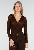Bruine Glitter Body met Lange Mouwen en V-Hals