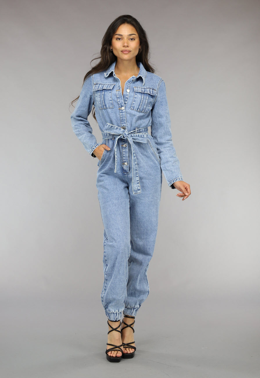 Blauwe Longsleeve Jeans Jumpsuit met Tailleband