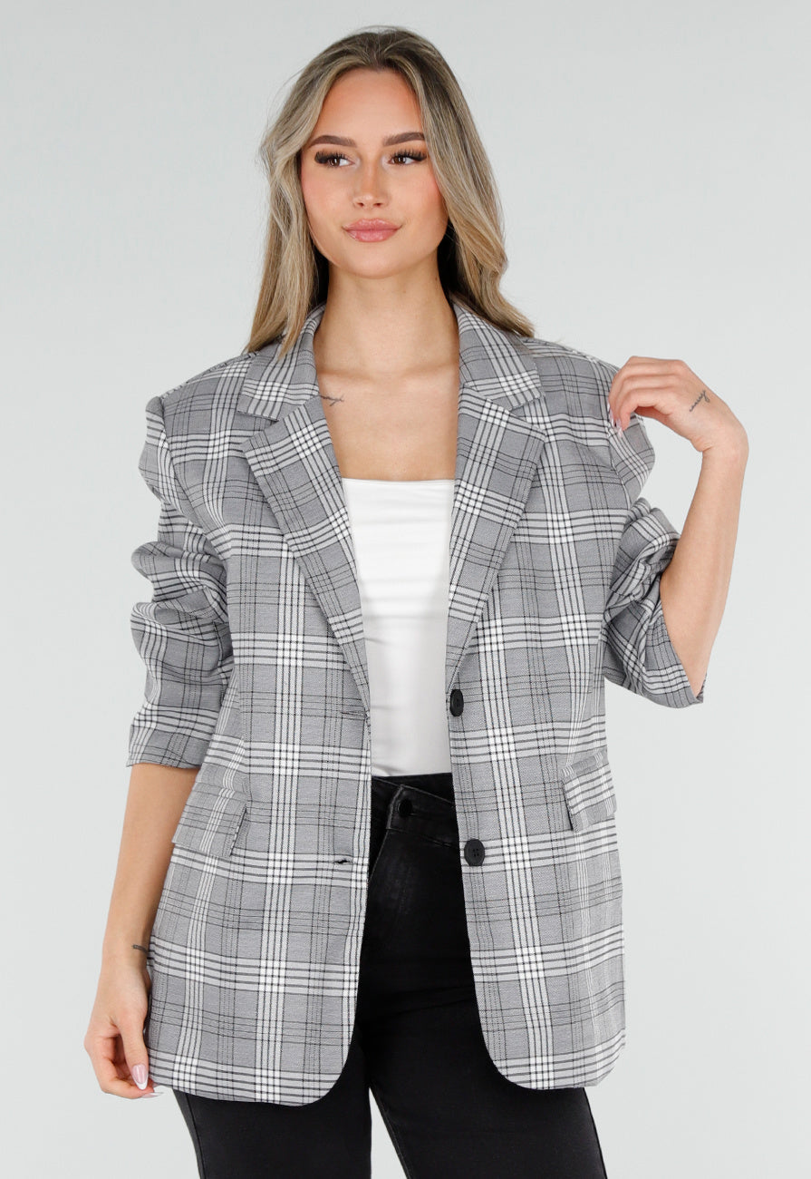 Grijze Geruite Blazer met Lange Mouwen en Knopen