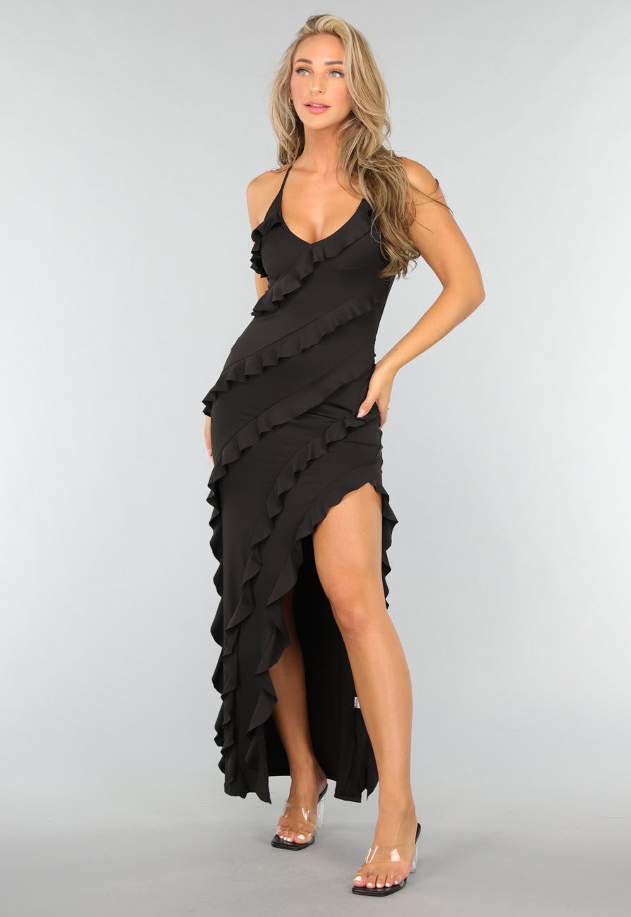 Zwarte Ruffle Jurk met Split