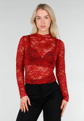 Rode Kanten Mesh Top met Lange Mouwen en Col