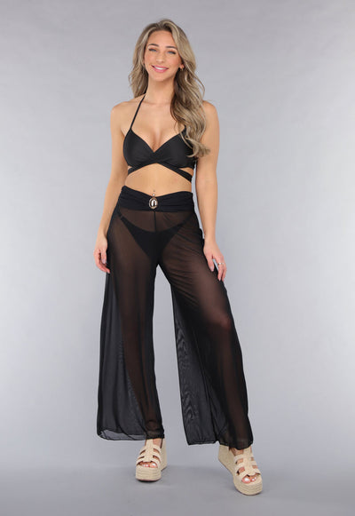 Zwarte Wide Leg Cover-Up Broek met Statement Detail
