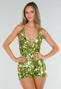 NEW010726 Groene Pailletten Playsuit met Open Rug en Zeester Detail