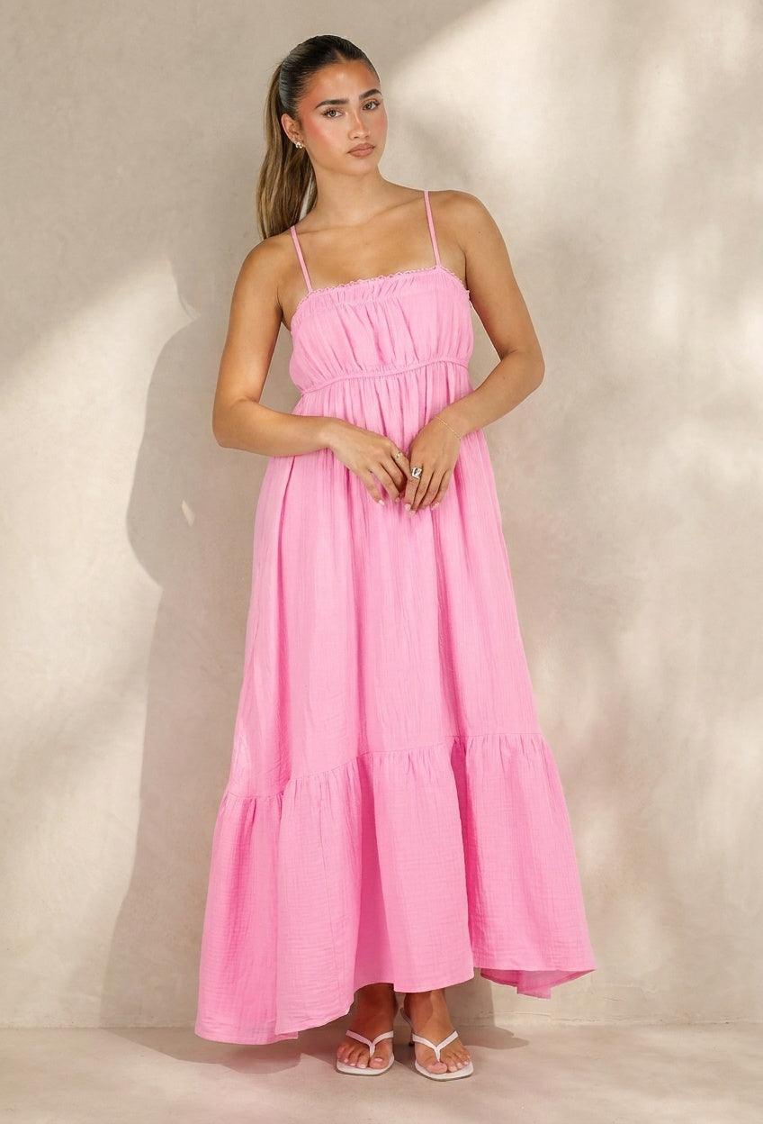 Roze Mousseline Maxi Jurk met Spaghettibandjes en Smokdetail