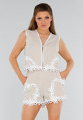 Beige Two Piece Set met Stretch, Giletlook en Gehaakte Details