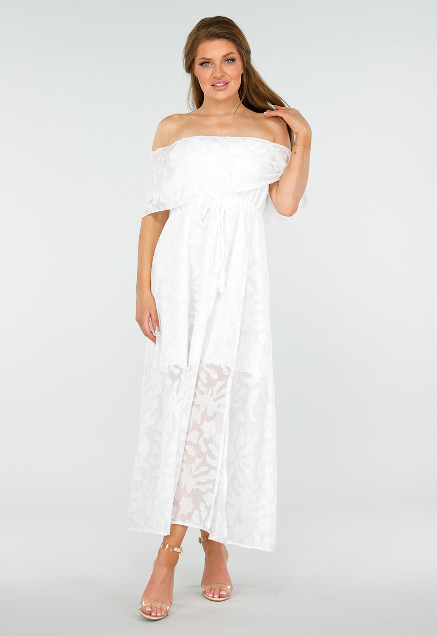 Witte Off Shoulder Maxi Jurk met Kant en Taillekoord
