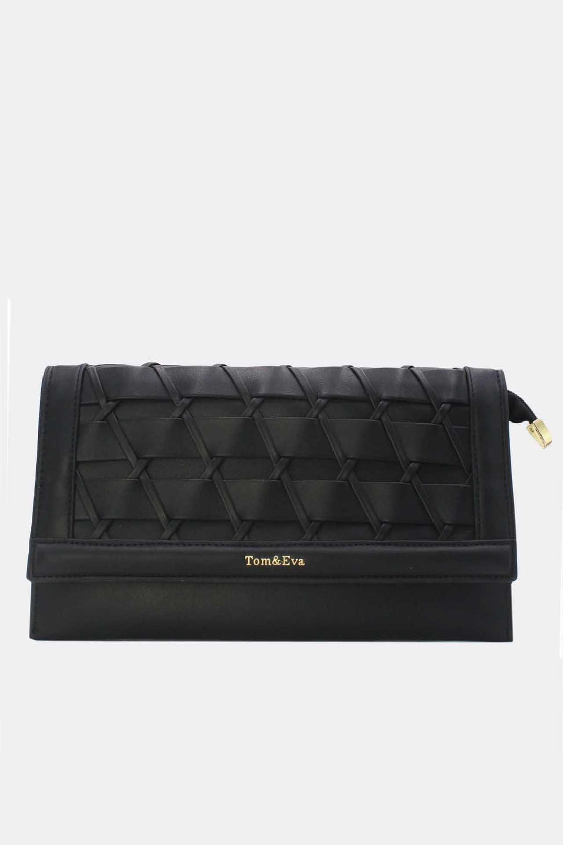 Zwarte Gevlochten Clutch van Imitatieleer met Afneembaar Schouderhengsel