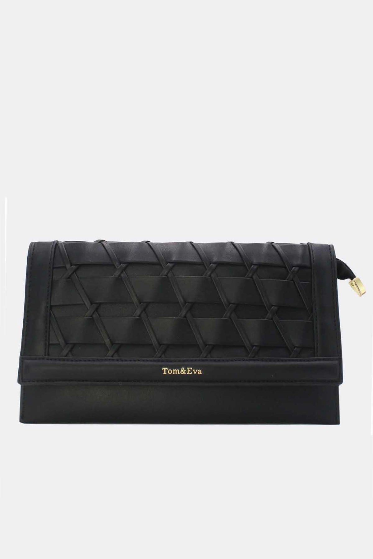 Zwarte Gevlochten Clutch van Imitatieleer met Afneembaar Schouderhengsel