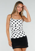 NEW010726 Witte Polkadot Top met Open Rug en Striksluiting
