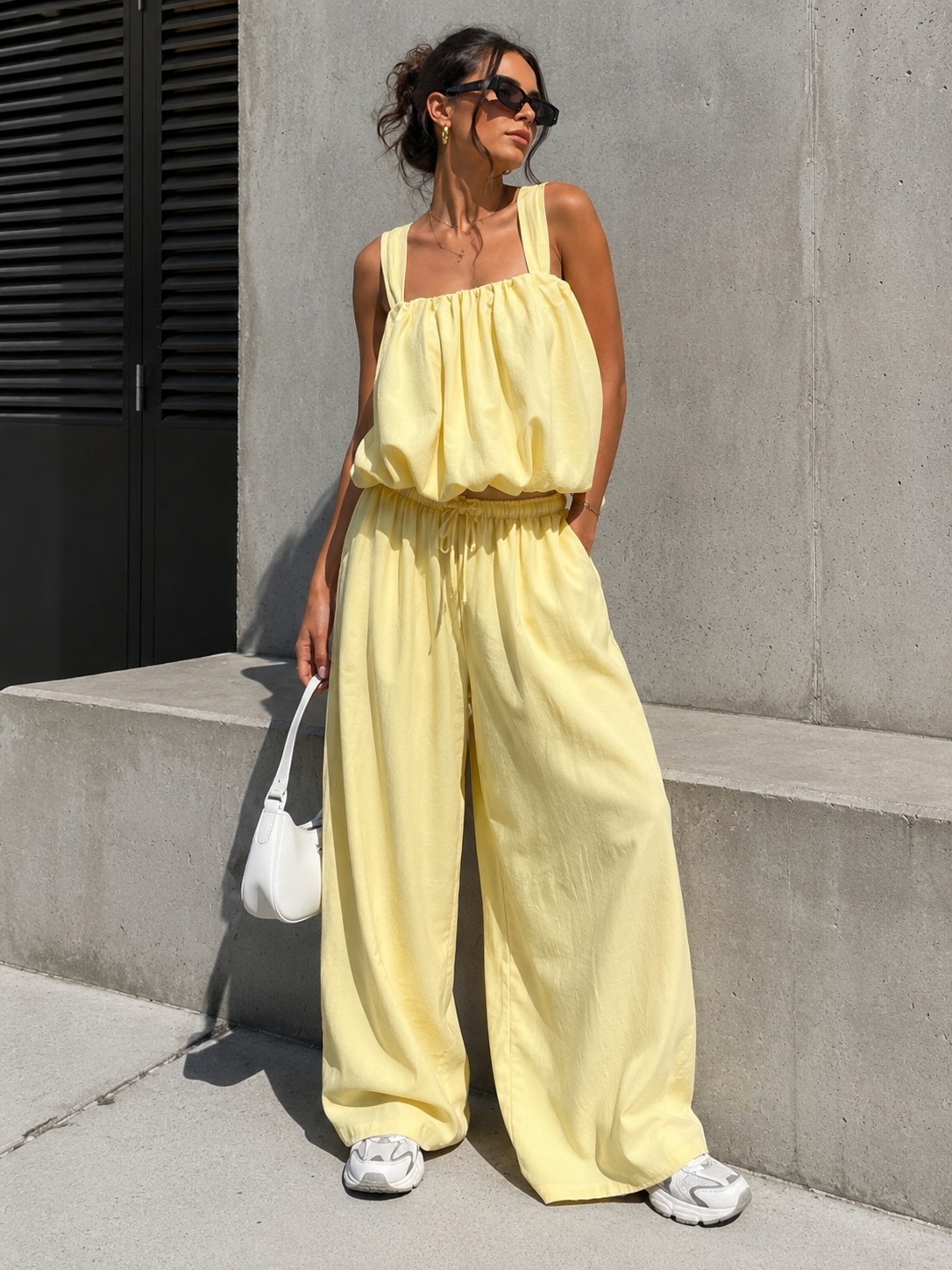 NEW150726 Lichtgele Stretch Two Piece Set met Mouwloze Top en Wide Leg Broek