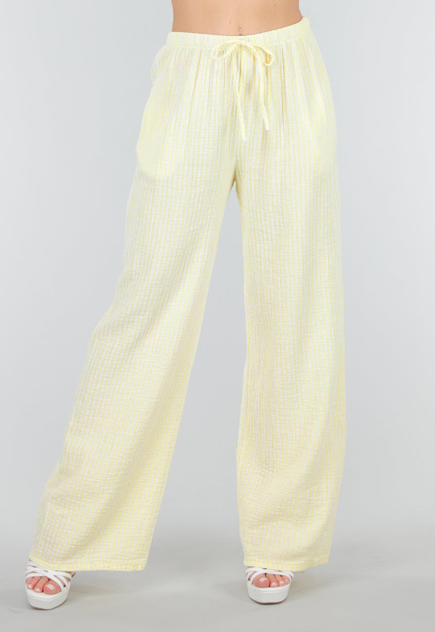 Geel Witte High Waist Broek van Katoen met Sierstrik