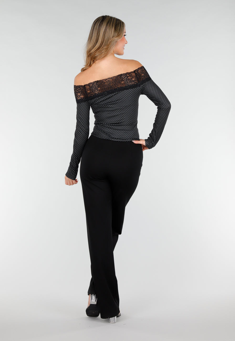 Zwarte Off Shoulder Stretch Top met Kant en Stippenprint