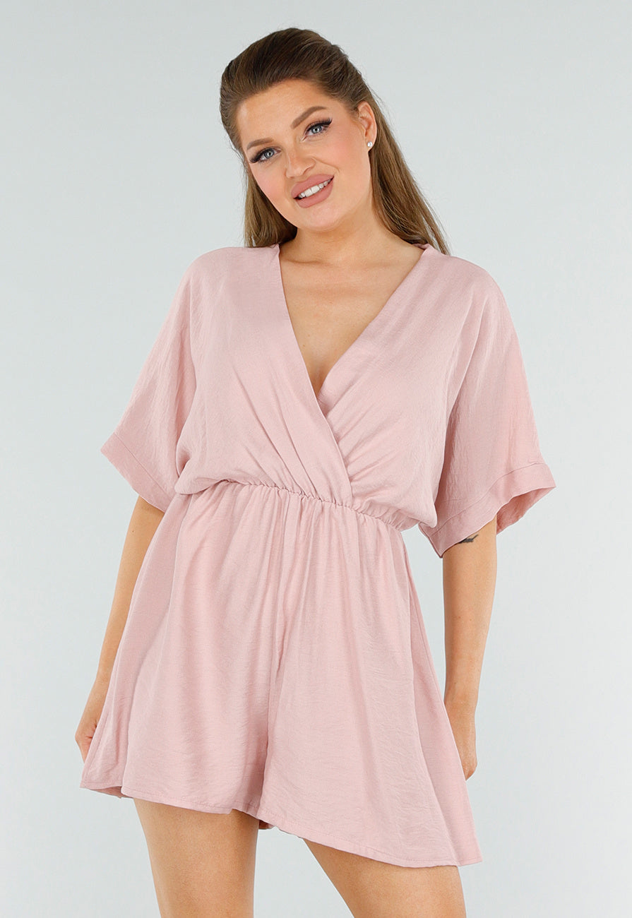 Oudroze Playsuit met Linnenlook en Overslag V-Hals