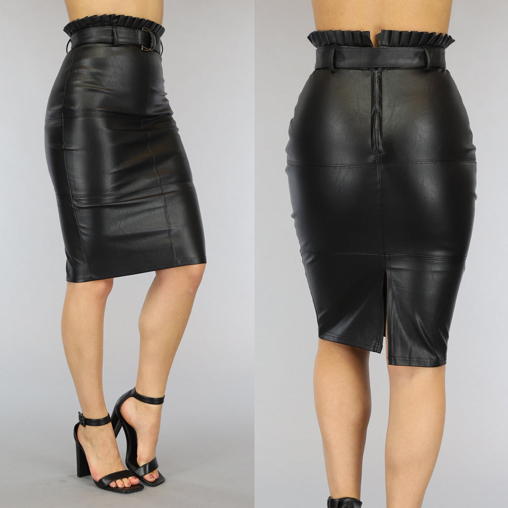 Zwarte Lederlook Kokerrok met Riem en Ruches