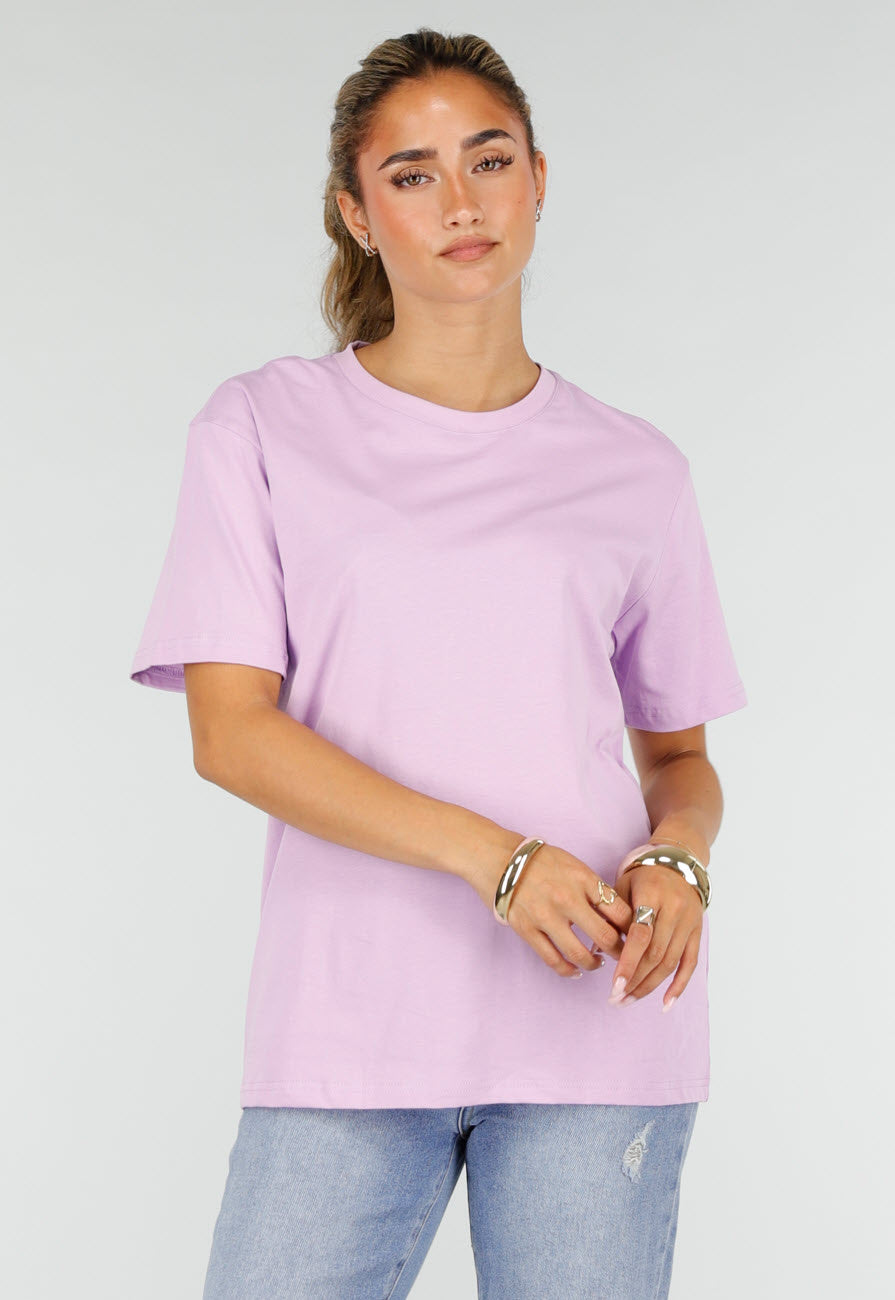 NEW220726 Lila Basic T-Shirt met Ronde Hals en Korte Mouwen