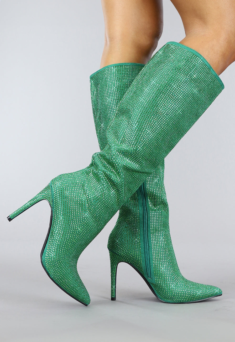 Lange Groene Glitter Laarzen met Stiletto Hak