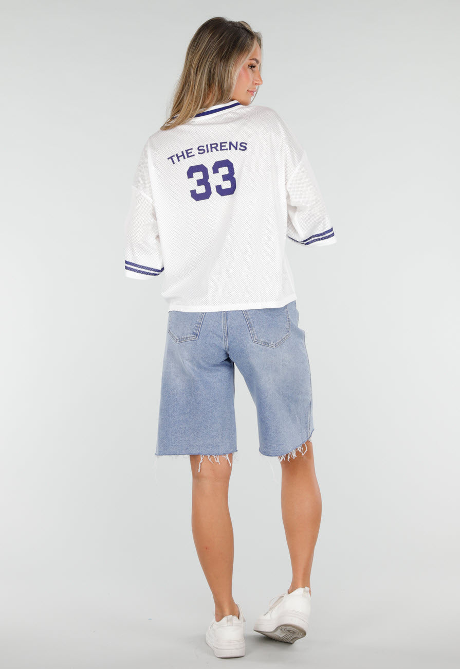 Witte Mesh Oversized Jersey T-Shirt met V-Hals