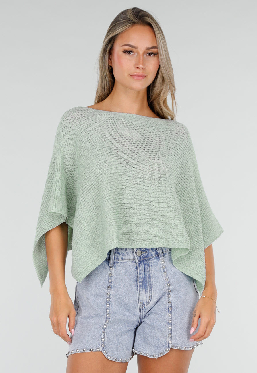 Mintgroene Gebreide Poncho Trui met Wijde Pasvorm