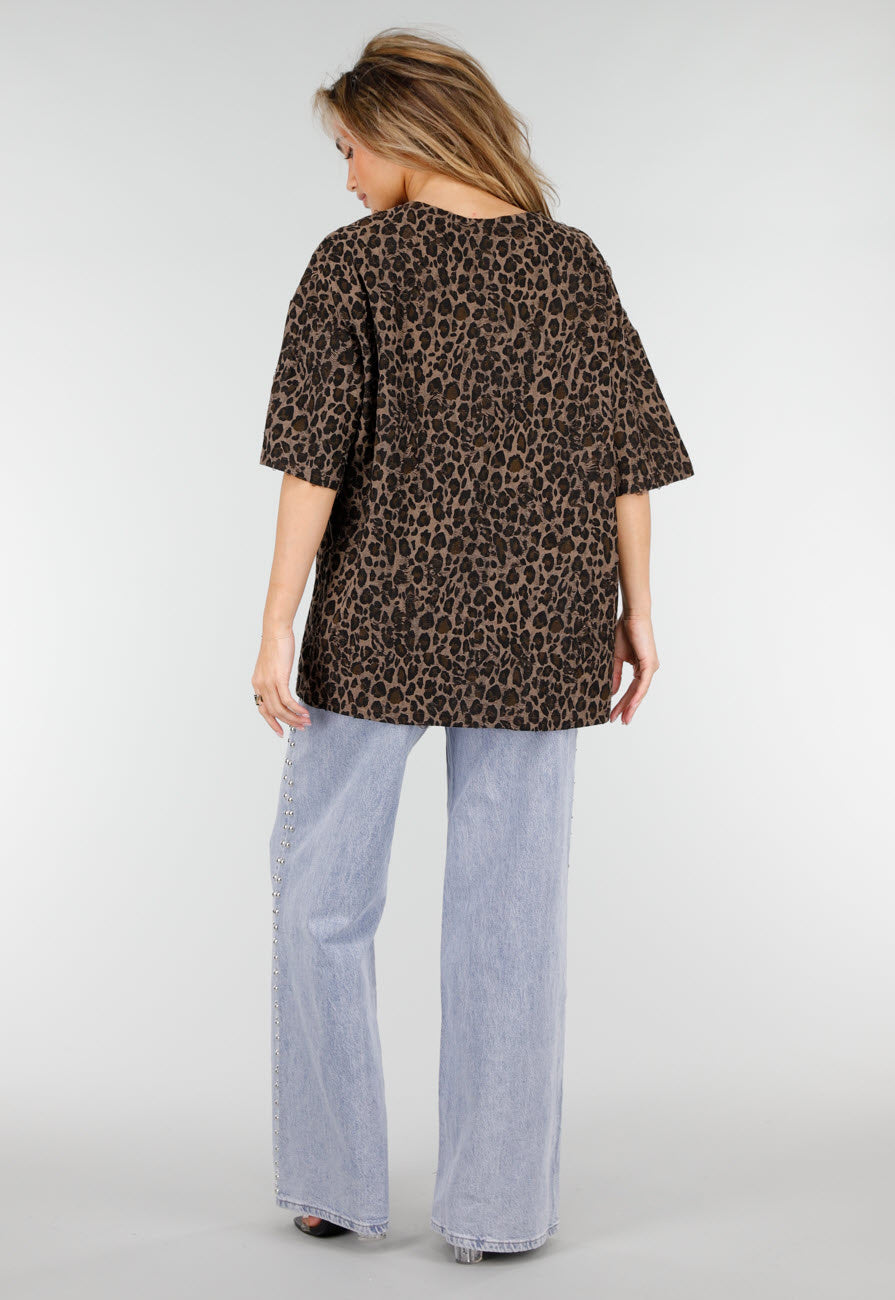 Bruin Oversized Cheetahprint T-Shirt met Korte Mouwen