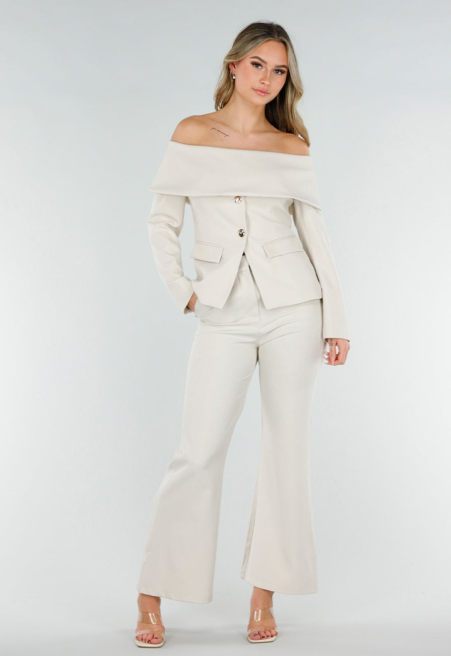 Beige Flared Pantalon met Elastische Tailleband