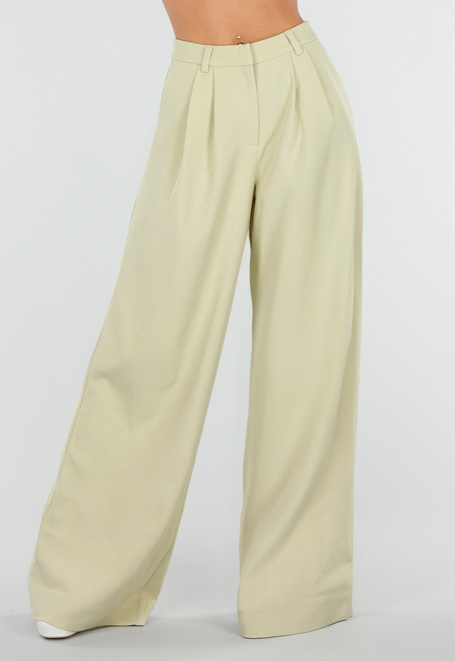 NEW190826 Pistache Groene Tall Wide Leg Broek met Plooien