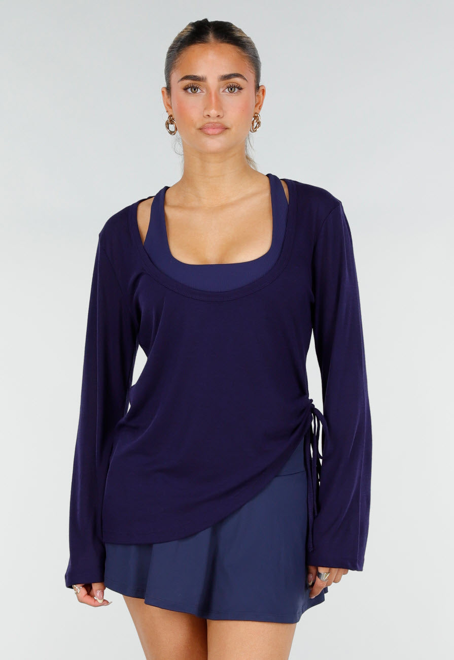Donkerblauwe Zachte Longsleeve Top met Trekkoord en Wijde Mouwen