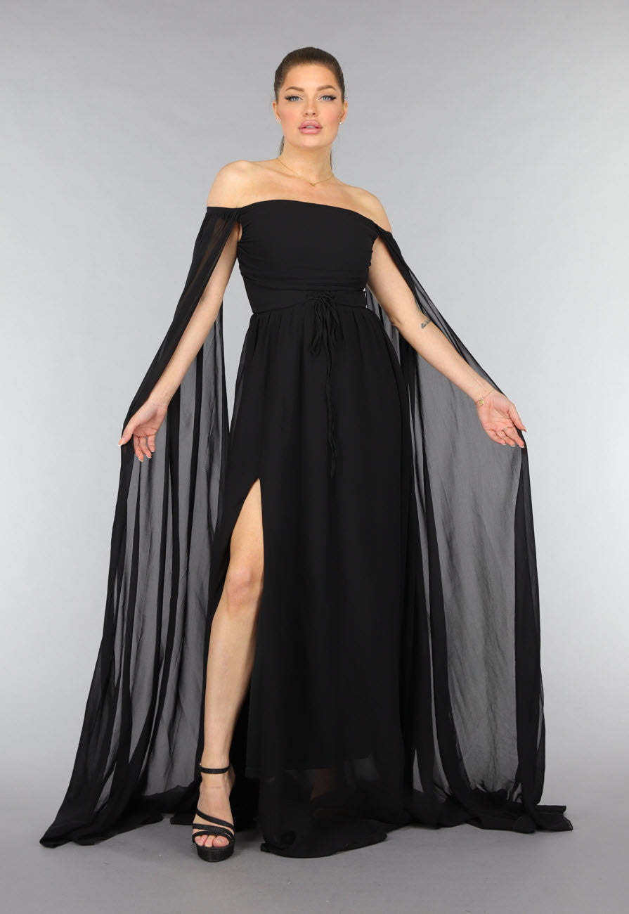 Padded Zwarte Galajurk met Lange Chiffon Mouwen