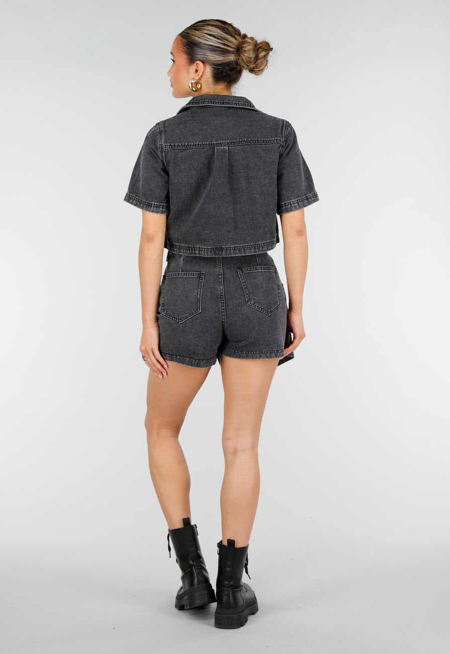 Donkergrijze Denim Set met Korte Mouw Crop Top en Skort