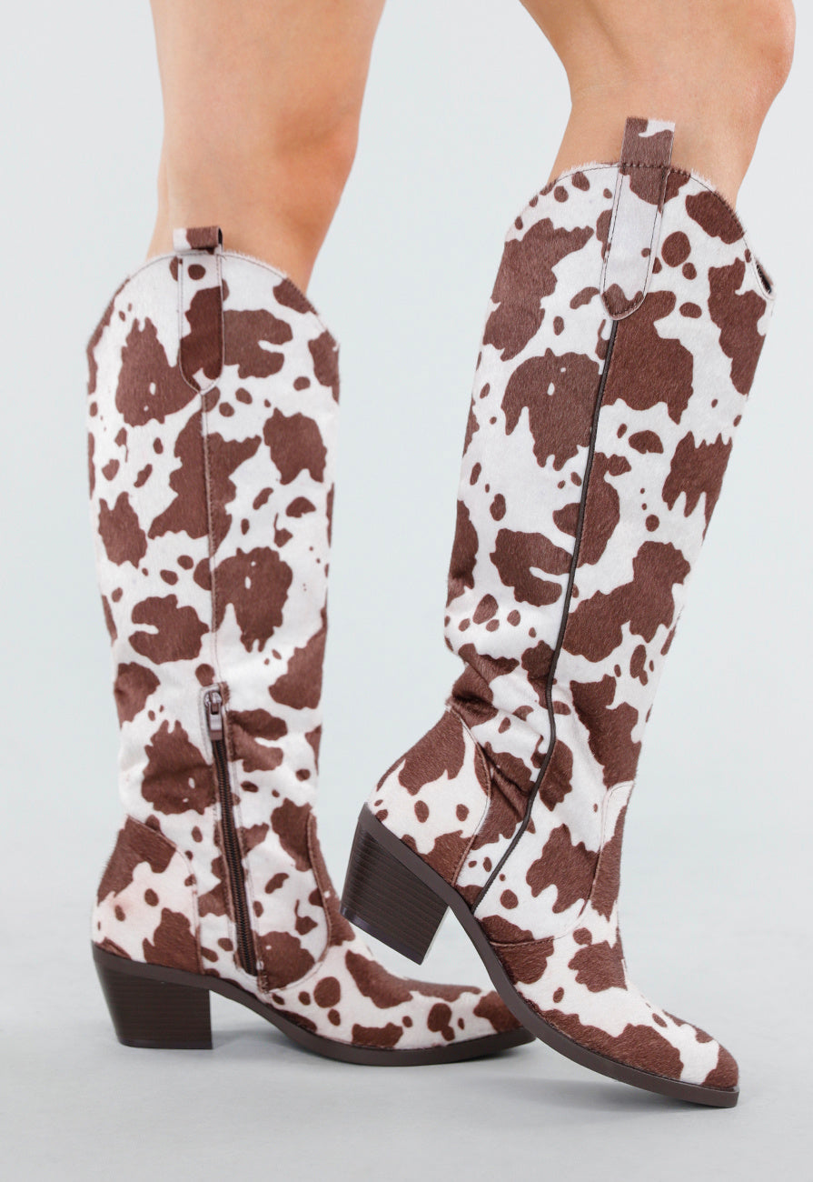 Koeienprint Cowboylaarzen in Bruin-Wit met Lage Hak