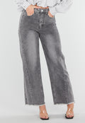 Grijze High Waist Straight Leg Jeans met Rafelige Zoom