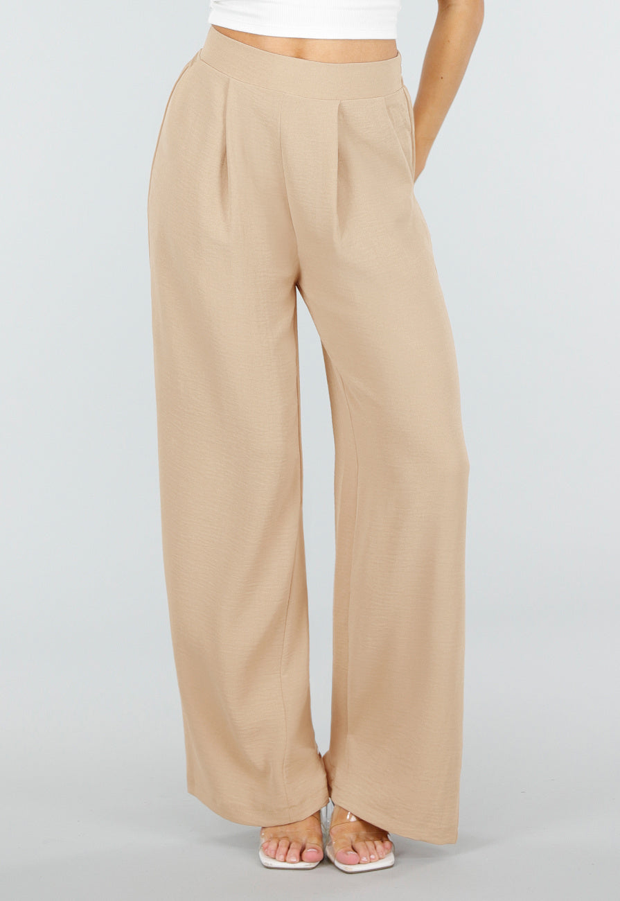 High Waist Beige Linnen Look Petite Broek met Tailleband