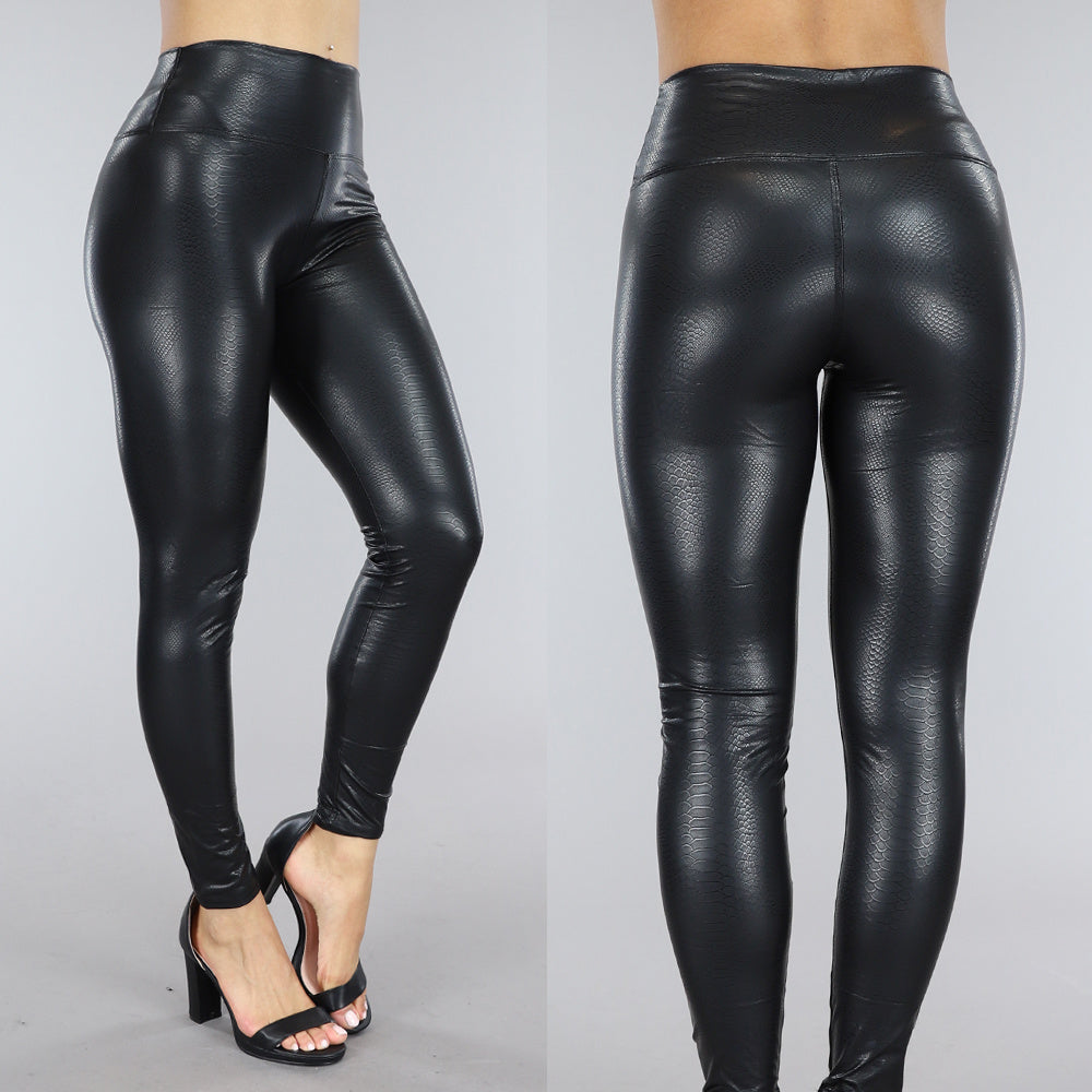 Zwarte Lederlook Legging met Crocoprint