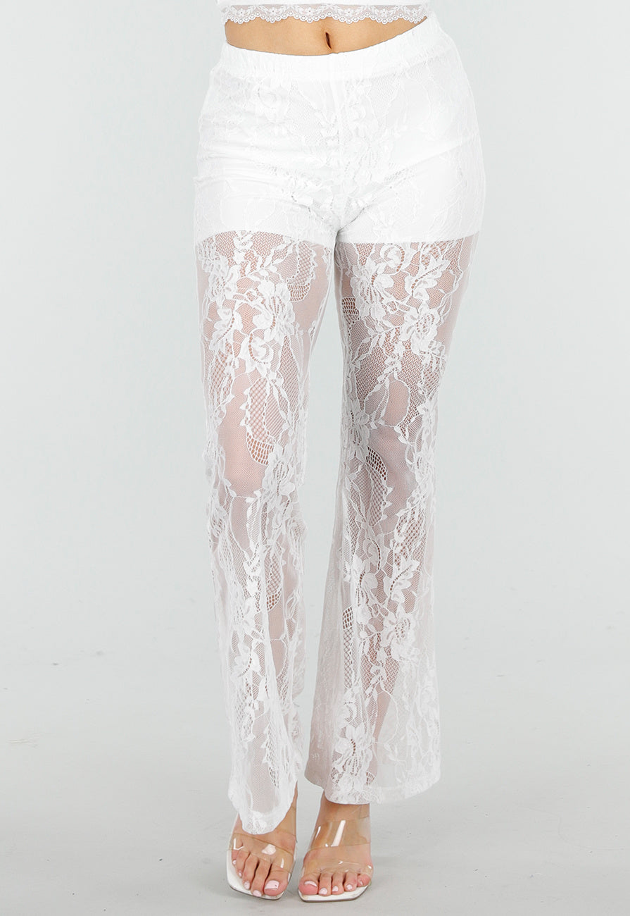 Petite Witte Kant Flared Broek met Stretch en Binnenbroekje
