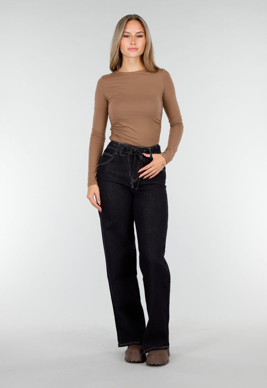 Redial Jeans Donkerblauwe Wide Leg Jeans met Elastische Taille en Strikkoord