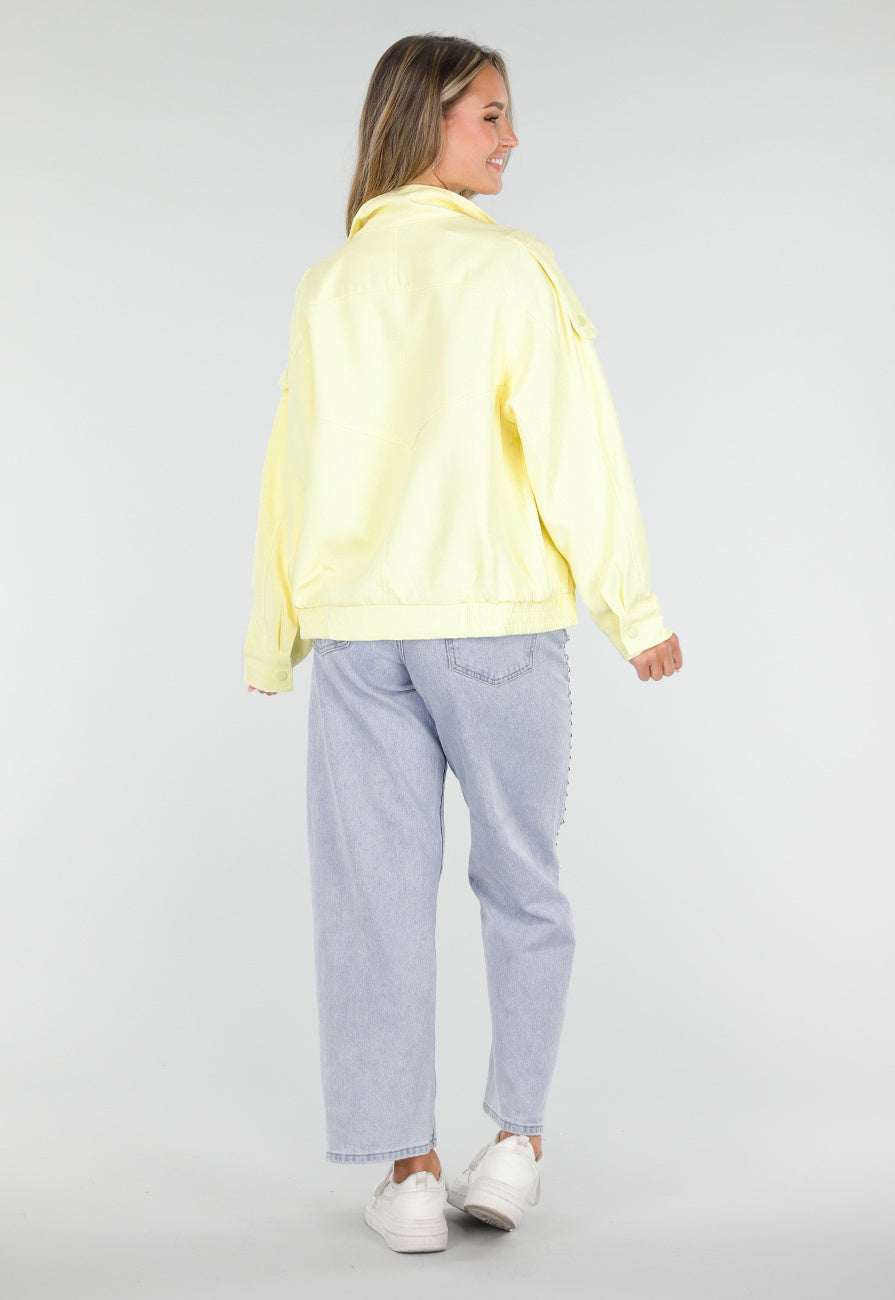 Butter Yellow Bikerjack met Opstaande Kraag en Ritssluiting