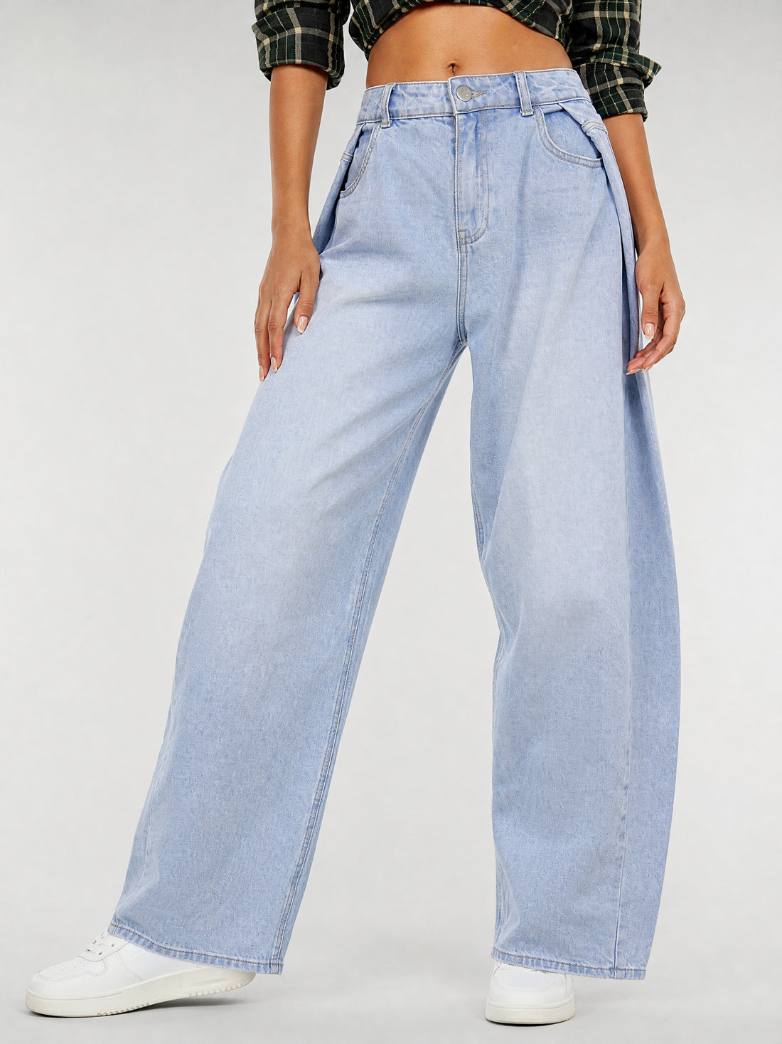 Lichtblauwe Denim Balloon Jeans met Plooien en Hoge Taille