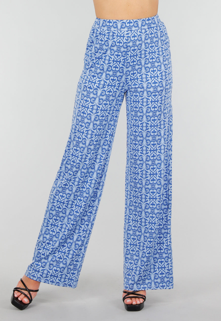 Blauwe High Waist Stretch broek met Barokprint en Elastische Tailleband