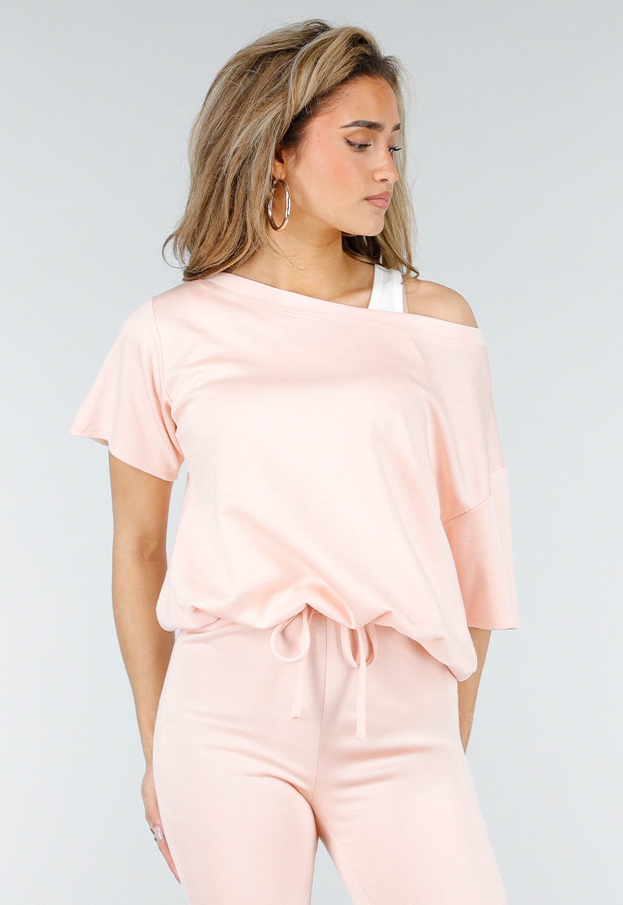 Lichtroze One Shoulder Top met Ingewerkte Top en Stretch