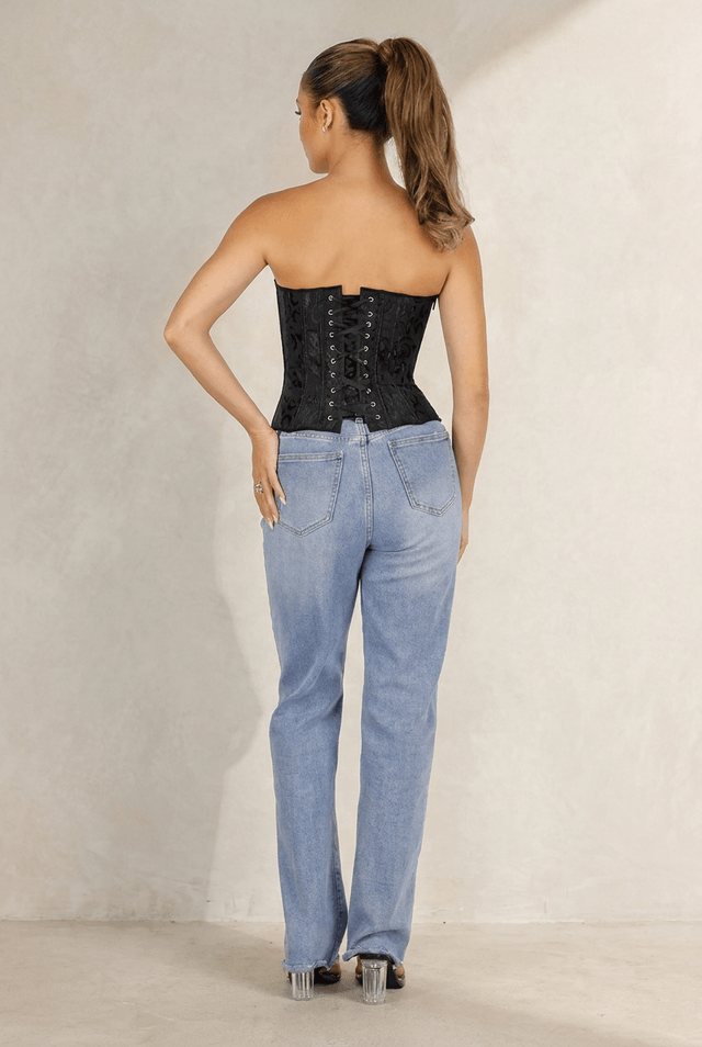 NEW290726 Zwart Korset met Jacquard Print, Baleinen en Vetersluiting