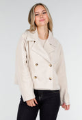 Beige Wollook Jas met Dubbele Rij Knopen en Brede Reverskraag