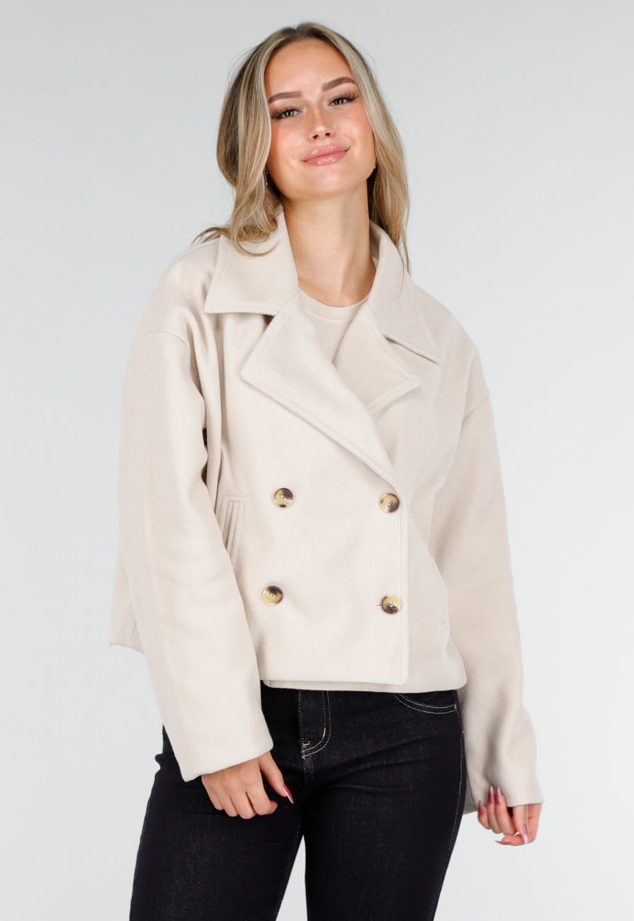 Beige Wollook Jas met Dubbele Rij Knopen en Brede Reverskraag