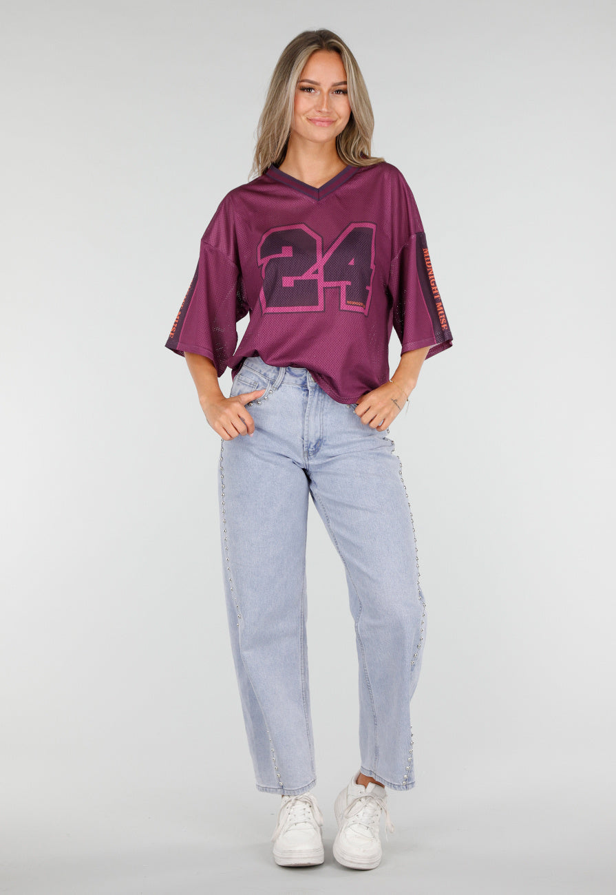 Paarse Stretch Mesh Oversized Jersey T-Shirt met V-Hals