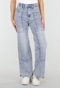 Lichtblauwe Denim Petite Wide Leg Jeans met Hoge Taille en Patch Details