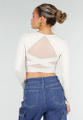 Beige Stretch Crop Top met Lange Mouwen en Pads