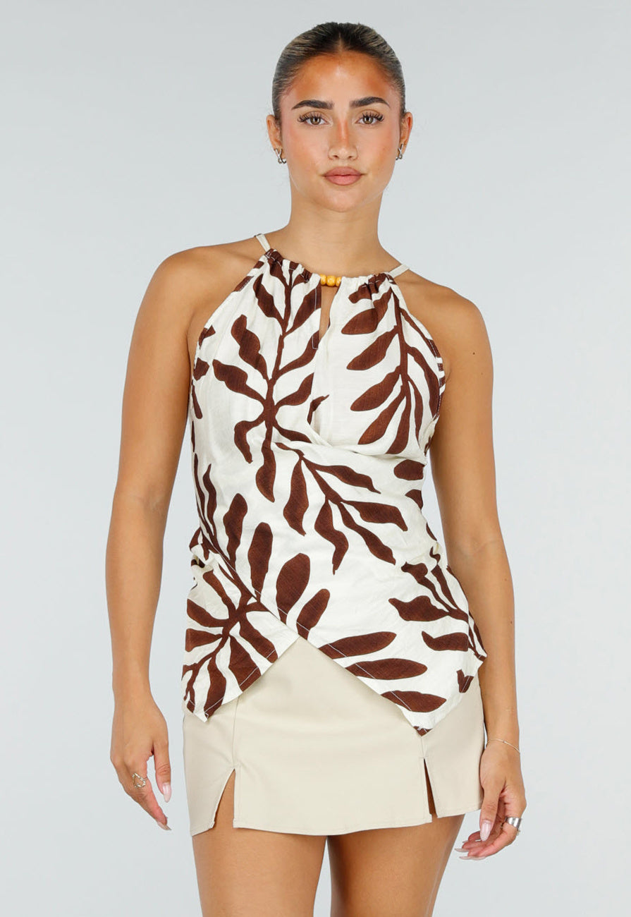 NEW120826 Beige Halter Top met Bladerenprint en Striksluiting op de Rug