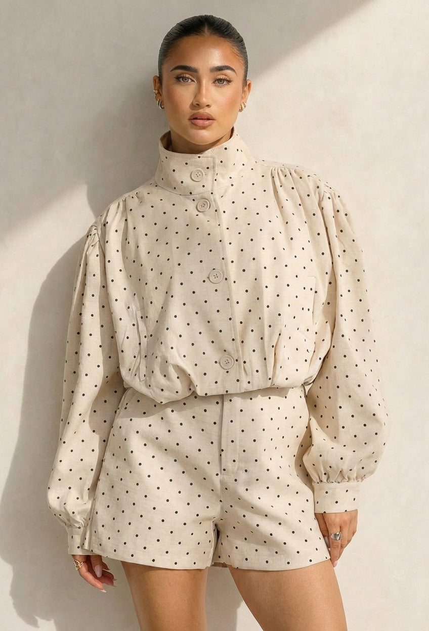 Beige Two Piece Set met Zwarte Stippen en Lange Mouwen