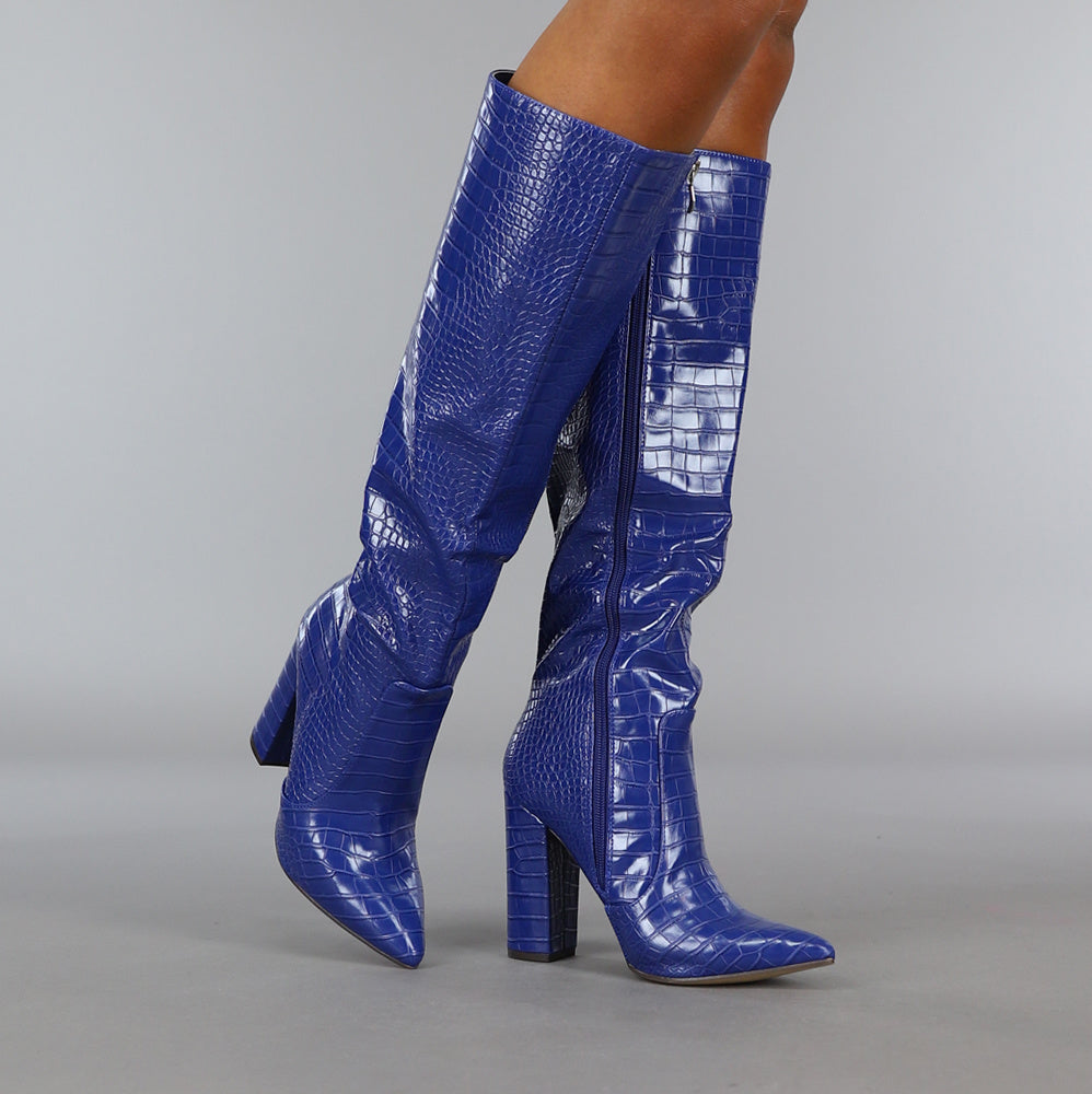 Donkerblauwe Croco Laars met Spitse Neus