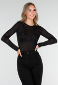 Zwarte Glitter Stretch Top met Lange Mouwen